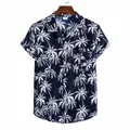 Men's navy blue short sleeve shirt with white palm tree print for casual summer style. - XH07-Navy Blue