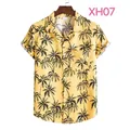 Stylish men's casual yellow short-sleeved button-up shirt with coconut tree print - XH07-Yellow