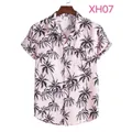 Men's light pink short sleeve casual shirt with black coconut tree print and pocket - XH07-Pink