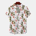 Detail of white men's short sleeve shirt with tropical lobster and palm tree print - Lobster Tropical Print (C207)