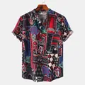 Detail of men's short sleeve shirt with eclectic Hawaiian patchwork print on a hanger - Red Black Blue Patchwork (PL010)