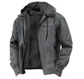 Casual men's dark grey hooded jacket featuring warm plush fleece lining and zip closure - S / Tops / Gray