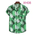 Stylish green tropical leaf print men's short-sleeved casual shirt with chest pocket - XH08-Emerald Green