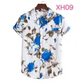 Men's summer slim fit short sleeve shirt featuring blue rose floral print on white - XH09-White Blue