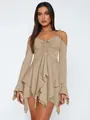 Stylish khaki cold-shoulder mini dress with irregular ruffle layers and drawstring detail - S / Tops / Apricot