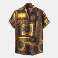 Detailed look at men's casual Hawaiian shirt with vintage ethnic mandala print pattern - M / Tops / Ginger Yellow Mandala Print (PL013)