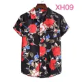 Men's slim-fit short sleeve shirt featuring a vibrant red rose floral print on black - XH09-Black Red