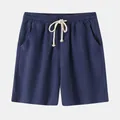 Détail du short décontracté pour homme en coton et lin bleu marine avec cordon de serrage - Bleu marine