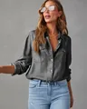Detailed view of a grey charcoal denim shirt with button-up front and double pockets - S / Tops / Dark Gray