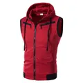 Front view detail of a slim fit red men's hooded vest with black zip accents - 3XL / Tops / Burgundy