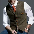 Men's retro slim fit brown plaid tweed vest with notched lapel and vintage chain detail - S / Tops / Khaki
