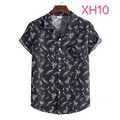 Slim fit black men's short sleeve shirt featuring tropical surfboard and palm tree prints - XH10-Black