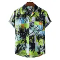 Detailed view of a men's Hawaiian short sleeve shirt with vibrant palm tree print - Multicolor Black Palm Tree Print (XH38)