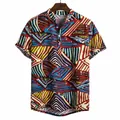 Men's Hawaiian short-sleeved shirt with colorful abstract geometric print and stand collar - M / Tops / Multicolor Geometric Abstract Print (PL2)