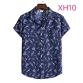 Navy blue men's short-sleeved shirt with white tropical surf print patterns. - XH10-Navy Blue