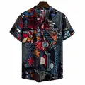 Men's summer ethnic abstract print short sleeve shirt featuring a mandarin collar - M / Tops / Vintage Ethnic Print (PL4)