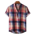 Detailed front view of men's short-sleeved plaid linen-like shirt with stand-up collar - M / Tops / Red (Z-PL03)