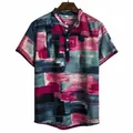 Men's abstract artistic brushstroke print short-sleeve Henley shirt in pink and blue - M / Tops / Pink Art Abstract Oil Painting Print (PL5)
