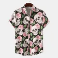 Full view of men's Hawaiian short sleeve shirt with skull and pink rose print design - M / Tops / Skull Rose Print (C202)