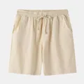 Front view of beige cotton linen men's casual beach shorts with elastic drawstring waist - S / Bottoms / Khaki
