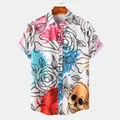 Detailed view of casual short-sleeve shirt with vibrant skull and rose graphic print - Watercolor Pink Blue Skull