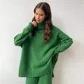 Cozy green oversized turtleneck knit sweater and matching pants set for winter - Dark Green