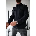 Premium casual dark navy men's long-sleeve button-down shirt with chest flap pockets - S / Tops / Dark Blue