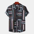 Detailed view of men's summer casual short-sleeve shirt with geometric striped pattern - 3XL / Tops / Blue (C111)