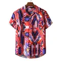 Men's ethnic print Hawaiian short sleeve shirt with vibrant tribal pattern and pocket. - Red Purple Geometric Ethnic Print (XH39)