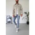 Classic light beige men's casual long sleeve shirt with double chest pockets and button down - S / Tops / Beige