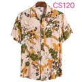 Men's casual short sleeve button down shirt with vintage floral tropical print in tan - Beige Base Lush Floral (CS120)