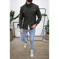 Premium slim fit men's casual olive green long sleeve shirt with dual chest pockets - S / Tops / Army Green