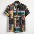Vintage heren linnen shirt met korte mouwen en etnische mandala patchwork print - M / Tops / PL1 (Geometrische Bloemenprint)