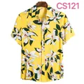 Summer men's yellow short-sleeve casual shirt featuring large white floral lily prints - Yellow Base White Lily (CS121)