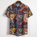 Etnische geometrische print op heren linnen shirt met korte mouwen en een Henley-kraag - M / Tops / PL2 (Tribal Geometrisch Patroon)