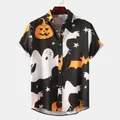 Halloween theme men's short sleeve Hawaii shirt with pumpkin ghost and bat prints - Black Multi Halloween Print (C203)