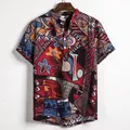 Detail van linnen herenoverhemd met korte mouwen en levendige etnische print - M / Tops / PL3 (Indiase Bohemian Print)