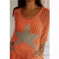 Front view of orange crochet knit sweater with silver sequin star detail and 3/4 sleeves - Coral