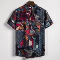 Detailopname van een linnen herenshirt in Indiase etnische stijl met bonte geometrische patronen - M / Tops / PL4 (Etnische Botanische Print)
