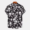 Close-up of men's casual short-sleeve shirt with white skull and rose prints - S / Tops / B&W Realistic Skulls