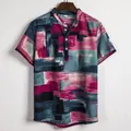 Heren linnen shirt in etnische stijl met abstracte kleurrijke penseelstreek print - PL5 (Abstracte Kunstprint)