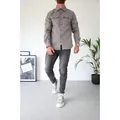 Classic men's grey long-sleeve button-up casual shirt with double flap chest pockets - Light Gray