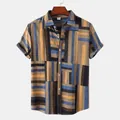Detailed view of men's short-sleeved casual shirt with bold colorful geometric stripes - Khaki (C111)