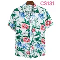 Men's casual short-sleeve shirt featuring a vibrant floral pattern on a clean white background - White Base Red Blue Floral Green Leaf (CS131)