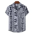 Close-up of men's short-sleeved Hawaiian shirt with black and white ethnic geometric print - Black White Ethnic Geometric Print (XH40)
