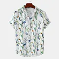 Men's stylish tropical bird print short sleeve button-down beach holiday shirt in white - Tropical Bird Green Leaves Print (C213)