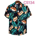 Men's casual short-sleeve shirt with vibrant tropical floral and palm leaf print - Black Base Orange Floral Tropical (CS134)