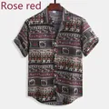 Detail van herenoverhemd met korte mouwen en etnische olifantenprint in roosrood - M / Tops / Donkere Etnische Olifantenprint
