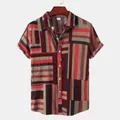 Detail view of men's casual short-sleeve shirt with red and brown stripe pattern - Red (C111)