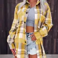 Casual yellow plaid long-sleeve flannel shacket for women in street style - S / Tops / Yellow